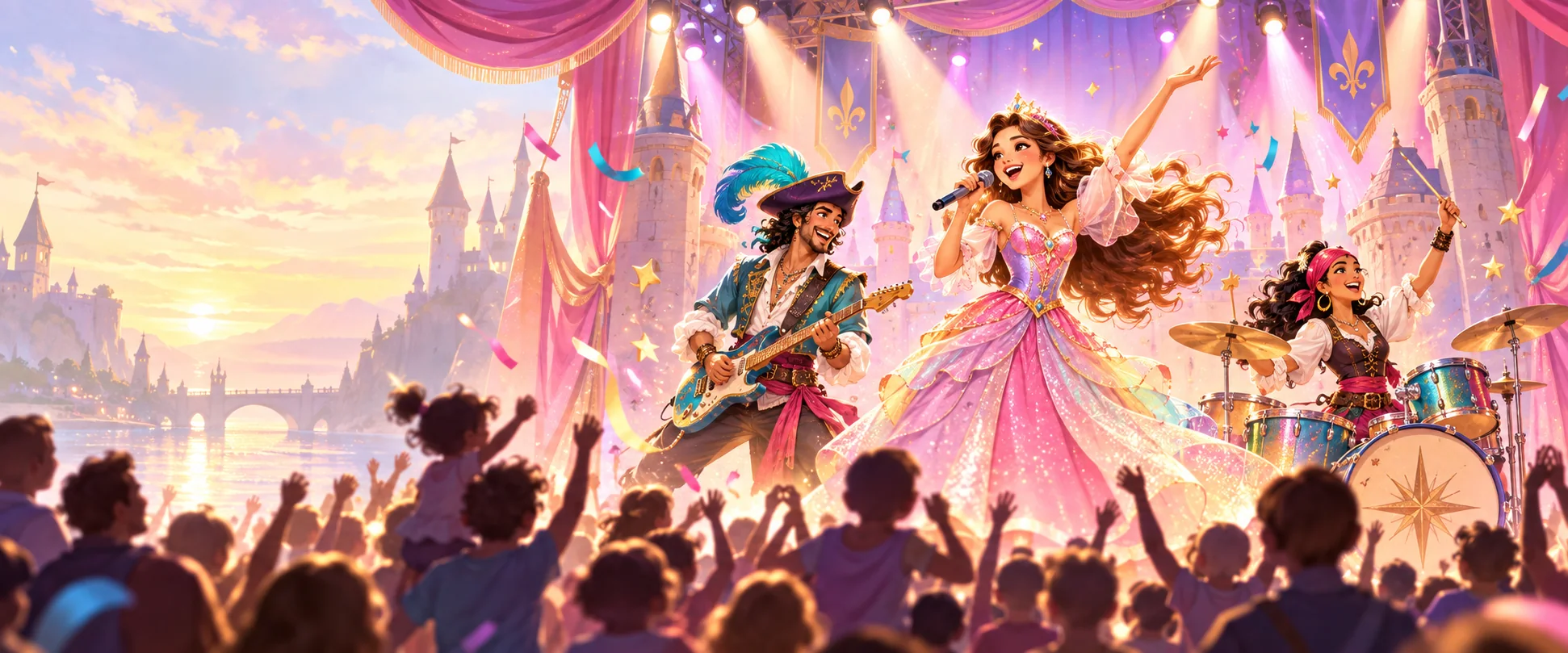 Whimsical artwork of an original princess singer and playful pirates on stage