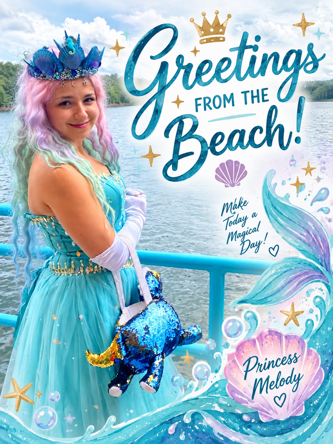 Princess Melody in a turquoise costume at a lakeside greeting